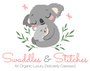 Logo of Swaddles & Stitches with a koala and baby, surrounded by leaves and flowers on a white background.