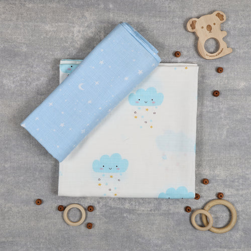 Blue Clouds & Stars Swaddles Set of 2
