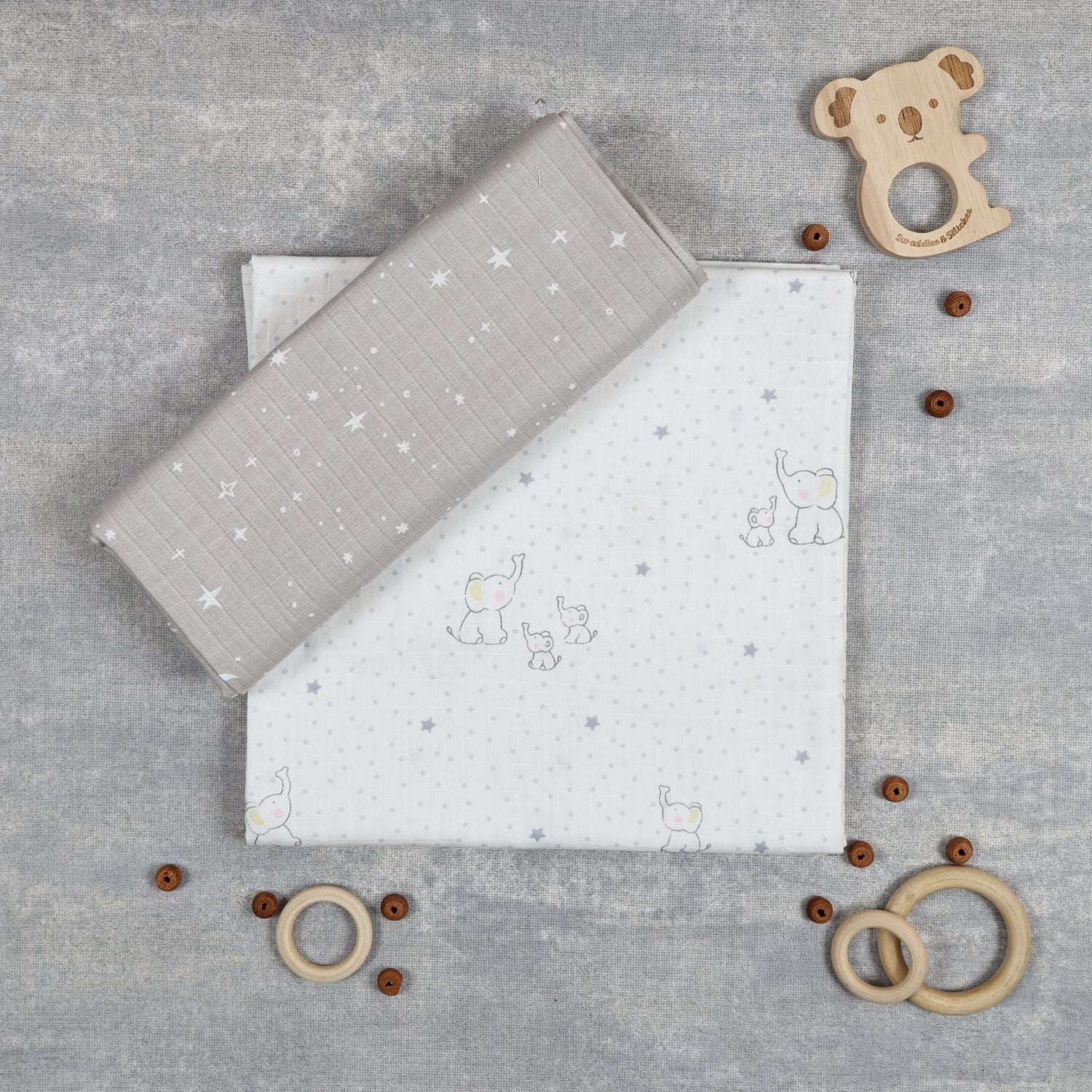 Little Elephants & Grey Stars Swaddles Set of 2