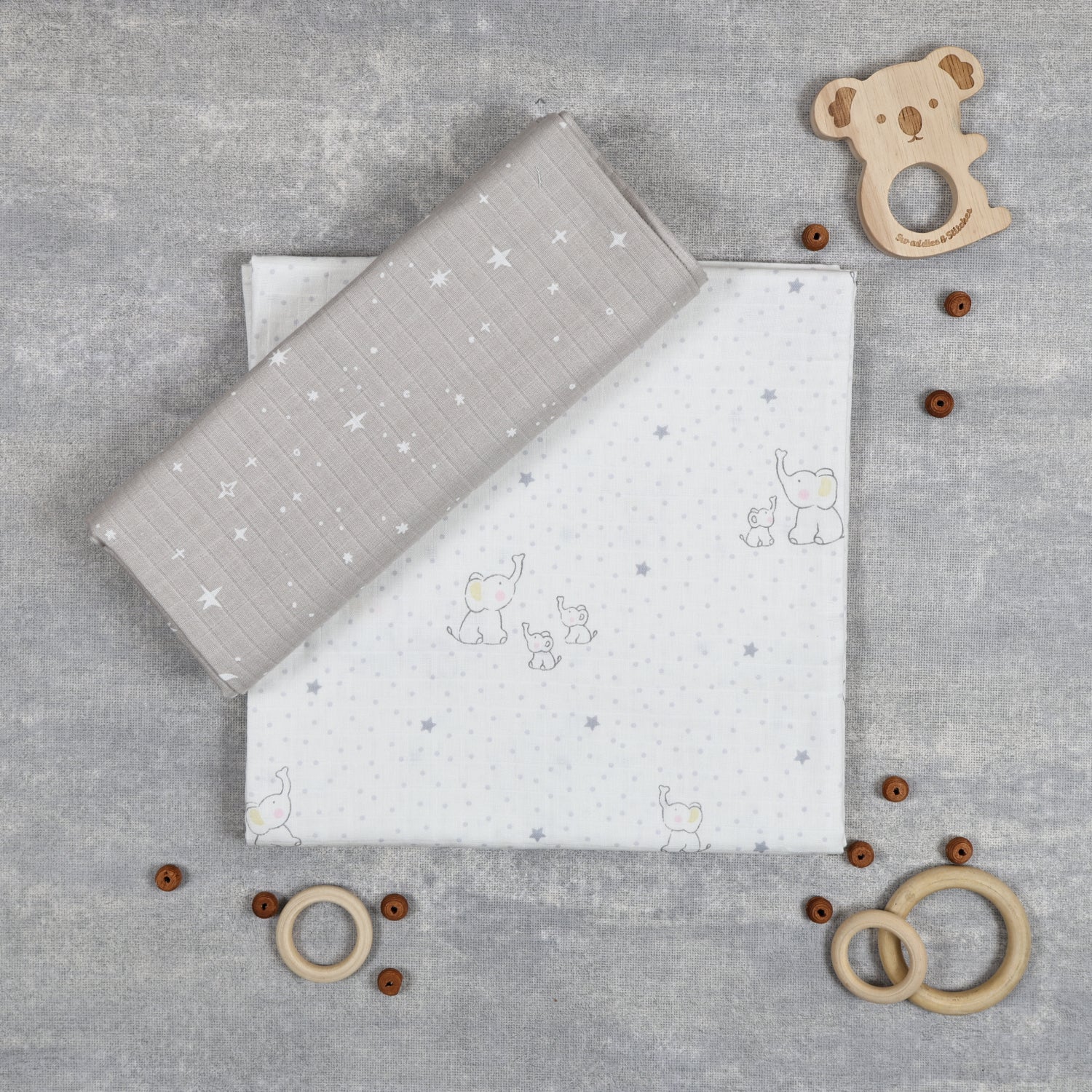 Little Elephants & Grey Stars Swaddles Set of 2