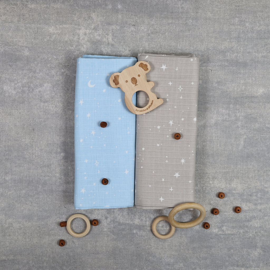 Muslin Organic Fitted Sheet (Blue & Grey Stars ) Set of 2