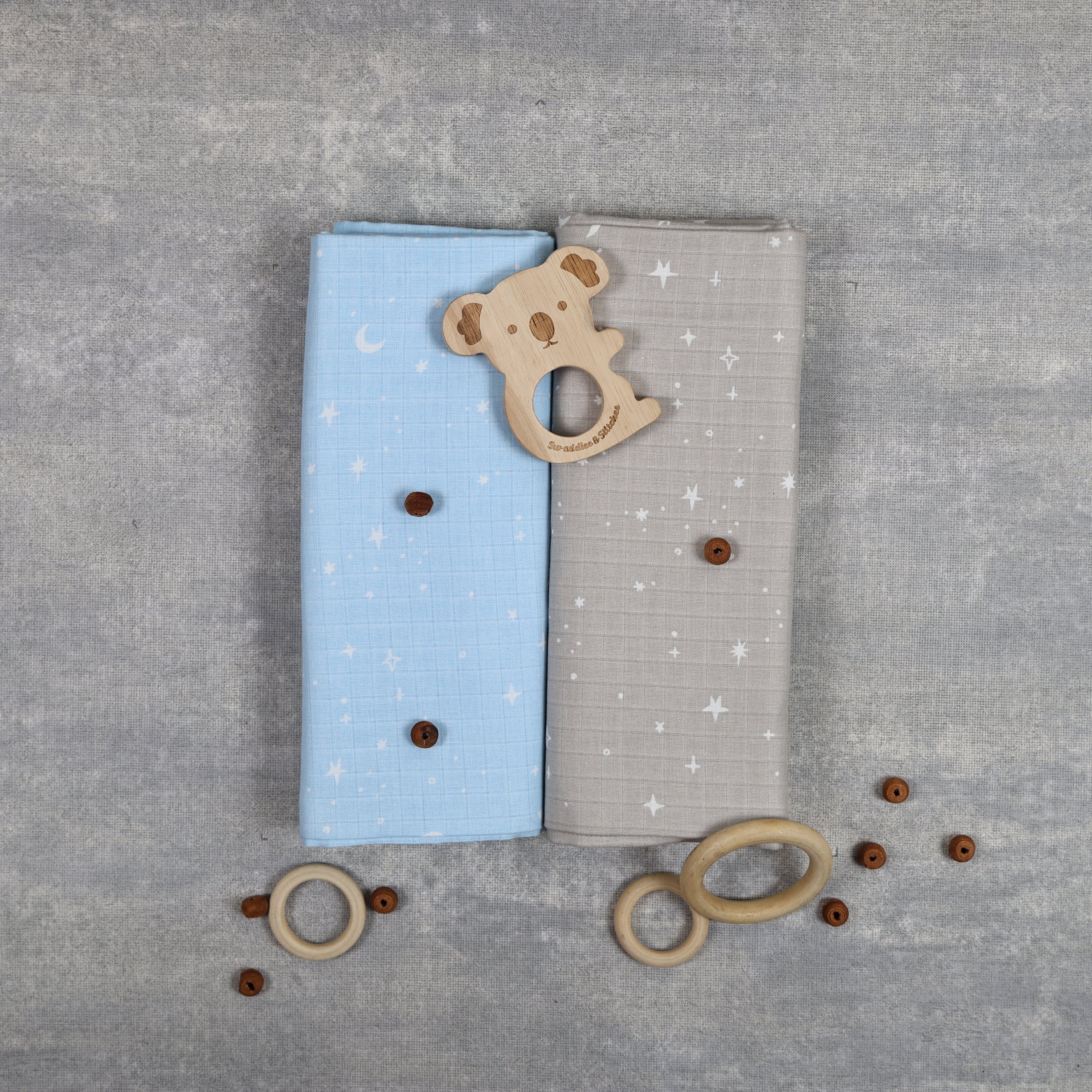 Muslin Organic Fitted Sheet (Blue & Grey Stars ) Set of 2