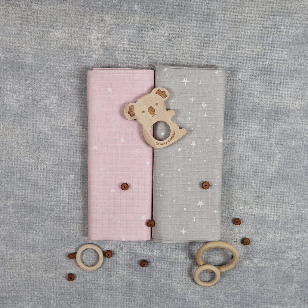 Muslin Organic Fitted Sheet (Hearts & Stars ) Set of 2