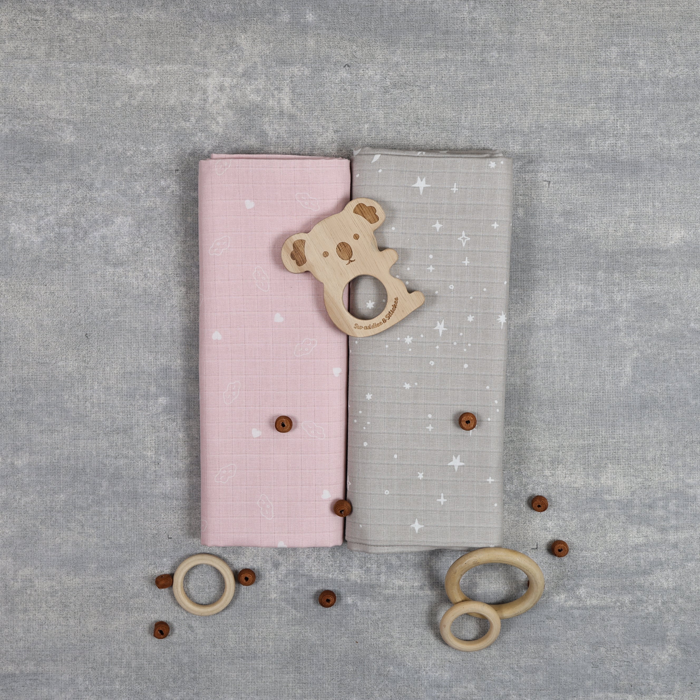 Muslin Organic Fitted Sheet (Hearts & Stars ) Set of 2