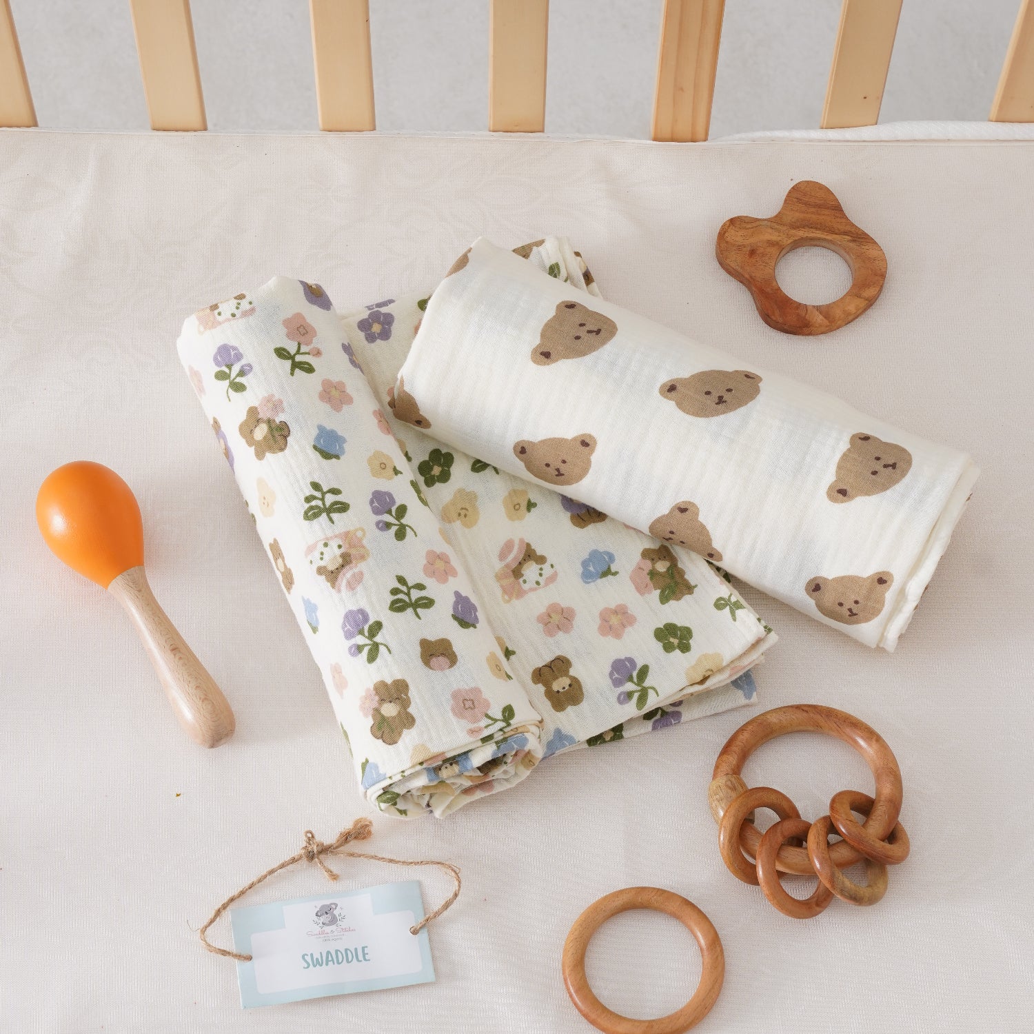 Teddy Fun & Floral Blossoms Swaddles Set of 2