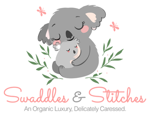Logo of Swaddles & Stitches with a koala and baby, surrounded by leaves and flowers on a white background.